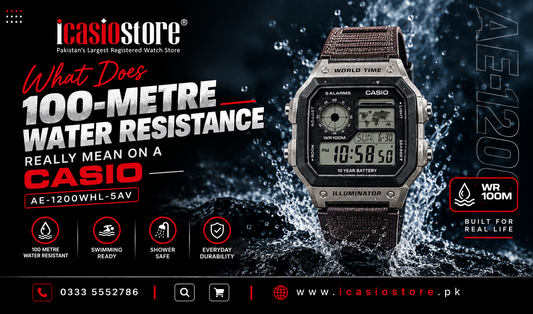  CASIO AE-1200WHL-5AVDF World Time watch with brown leather strap, illustrating 100-metre water resistance and everyday watch care