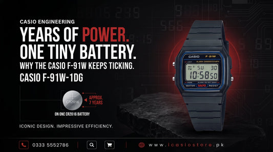 CASIO F-91W-1DG black digital watch showing its LCD display and compact resin case