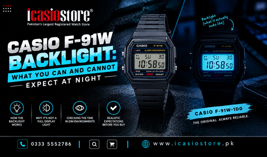 CASIO F-91W-1DG black digital watch with its LED illumination activated in a dim environment