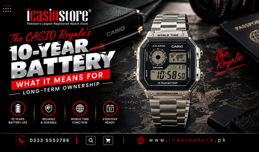 CASIO AE-1200WHD-1AVDF Royale-style digital watch with stainless-steel bracelet, highlighting its 10-year battery-life rating