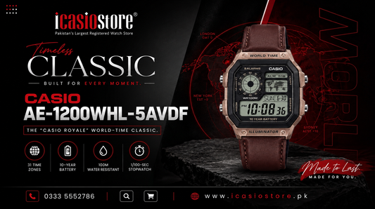 CASIO AE-1200WHL-5AVDF world time digital watch with brown leather-style strap available in Pakistan from iCasioStore.pk