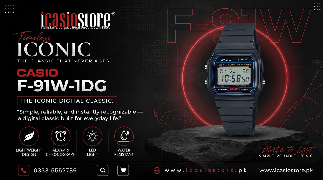 CASIO F-91W-1DG legendary digital watch with black resin strap available in Pakistan from iCasioStore.pk
