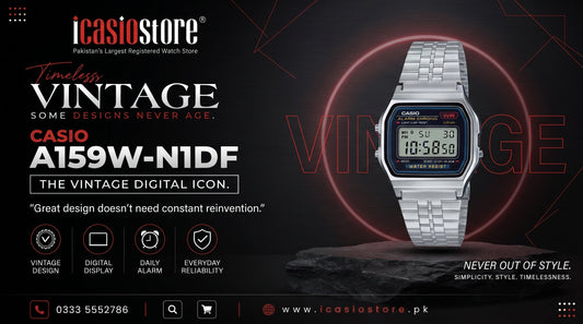 CASIO A159W-N1DF vintage digital watch with stainless steel bracelet available in Pakistan from iCasioStore.pk