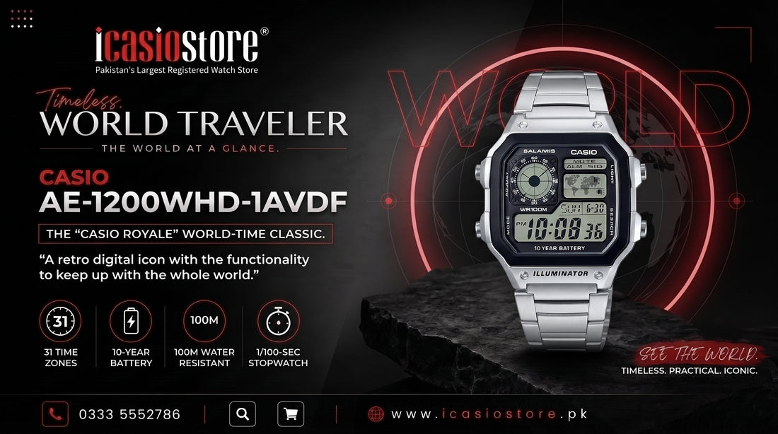 CASIO AE-1200WHD-1AVDF CASIO Royale world time digital watch with stainless steel bracelet available in Pakistan from iCasioStore.pk