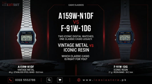 CASIO A159W-N1DF and CASIO F-91W-1DG digital watches comparison showing vintage steel bracelet versus classic resin strap design available in Pakistan from iCasioStore.pk.