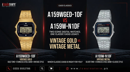 CASIO A159WGED-1DF gold-tone digital watch compared with CASIO A159W-N1DF stainless steel vintage watch available in Pakistan from iCasioStore.pk.