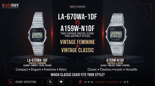 CASIO LA-670WA-1DF and CASIO A159W-N1DF vintage digital watches comparison showing compact women's design versus classic stainless steel CASIO style available in Pakistan from iCasioStore.pk.