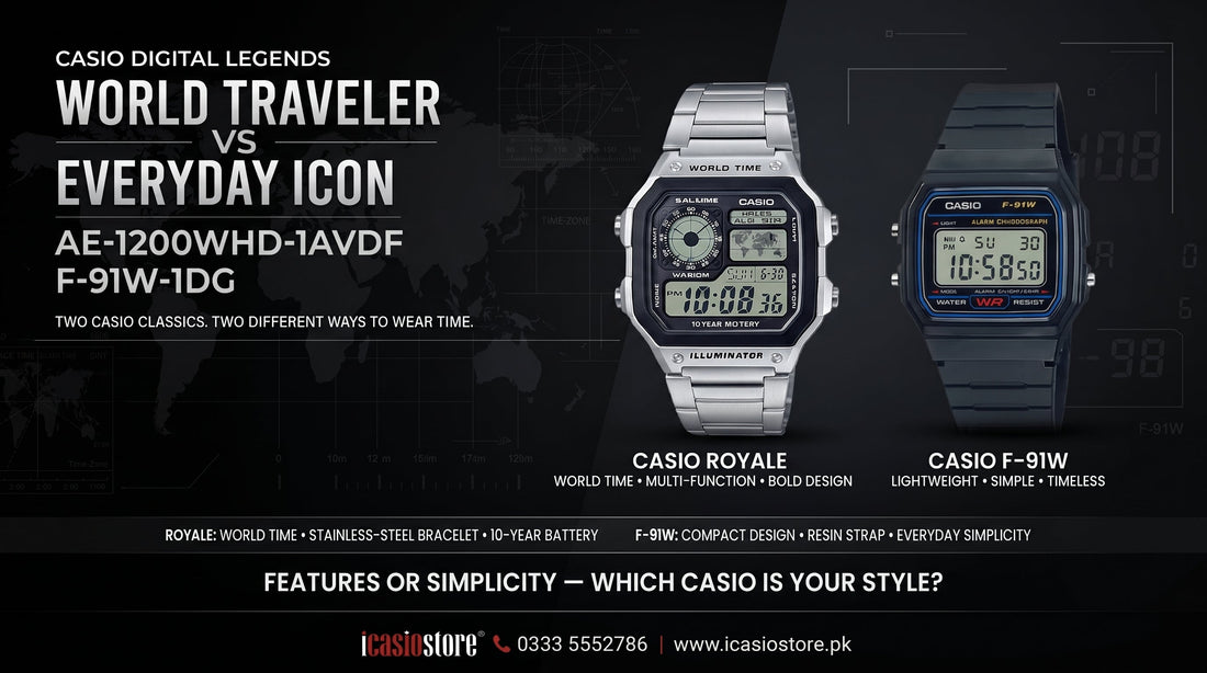 CASIO Royale AE-1200WHD-1AVDF and CASIO F-91W-1DG digital watches compared side by side