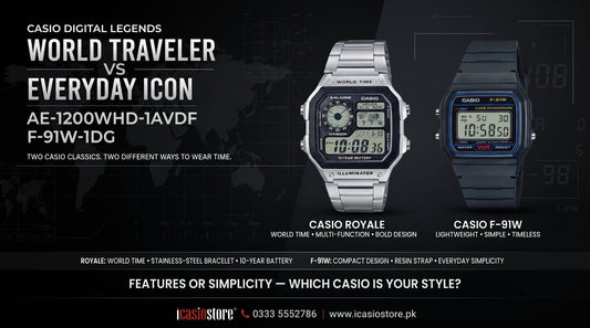 CASIO Royale AE-1200WHD-1AVDF and CASIO F-91W-1DG digital watches compared side by side