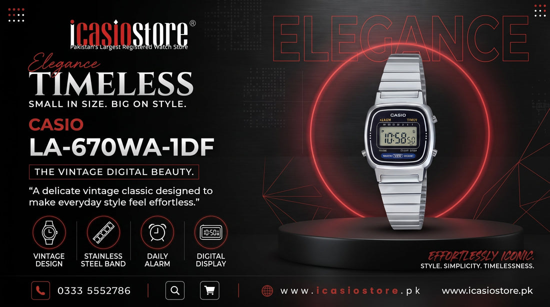 CASIO LA-670WA-1DF vintage digital women's watch with stainless steel bracelet available in Pakistan from iCasioStore.pk