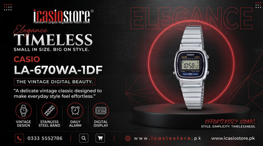 CASIO LA-670WA-1DF vintage digital women's watch with stainless steel bracelet available in Pakistan from iCasioStore.pk