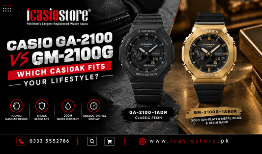 Black CASIO GA-2100-1ADR beside gold-bezel CASIO GM-2100G-1A9DR, comparing two CasiOak G-SHOCK styles