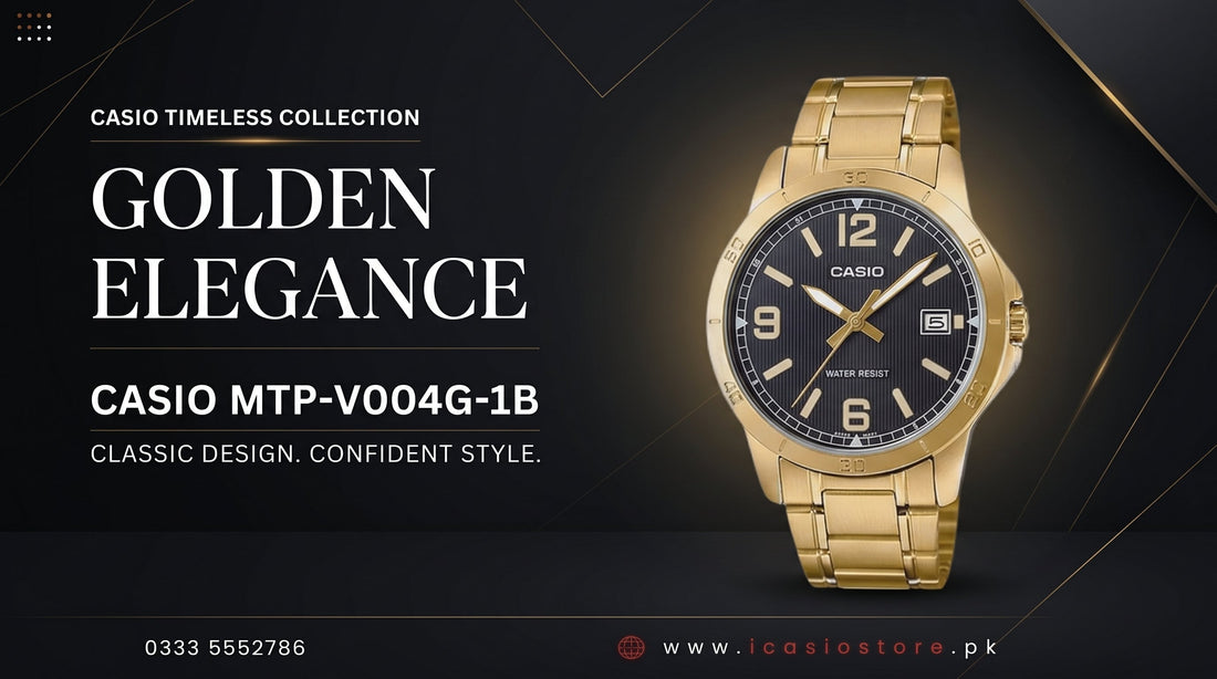 CASIO MTP-V004G-1BUDF gold-tone analogue watch with black dial and stainless-steel bracelet