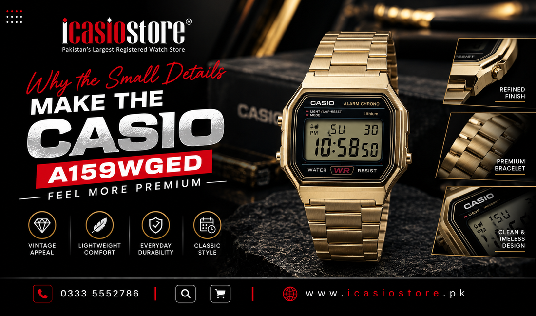 Gold-tone CASIO A159WGED-1DF vintage digital watch showing its multi-faceted crystal, decorative dial markers and stainless-steel bracelet