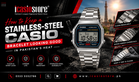 CASIO A159W-N1DF vintage digital watch with stainless-steel bracelet, illustrating everyday metal bracelet cleaning and care