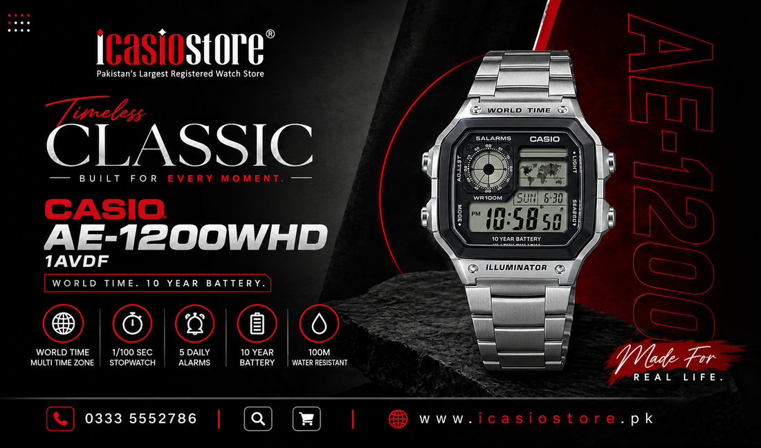 CASIO AE-1200WHD-1AVDF Royale digital watch with stainless-steel bracelet and world map display
