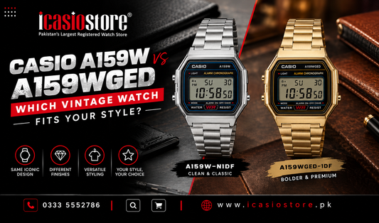 Silver CASIO A159W-N1DF and gold-tone CASIO A159WGED-1DF vintage digital watches styled for contrasting casual and smart-casual outfits