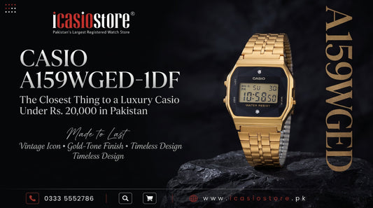 CASIO A159WGED-1DF gold watch styled on wrist in Pakistan